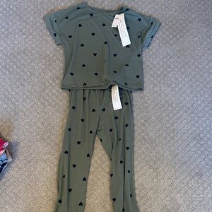 GAP Olive Green Pajama Set with Navy Heart Print
